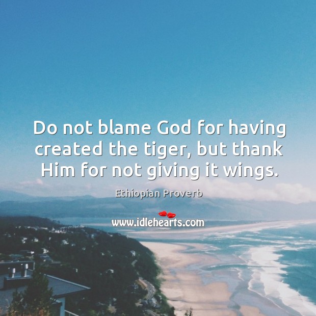 Do not blame God for having created the tiger, but thank him for not giving it wings. Ethiopian Proverbs Image