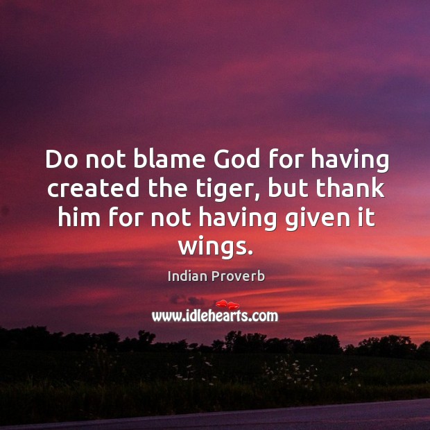 Do not blame God for having created the tiger, but thank him for not having given it wings. Indian Proverbs Image