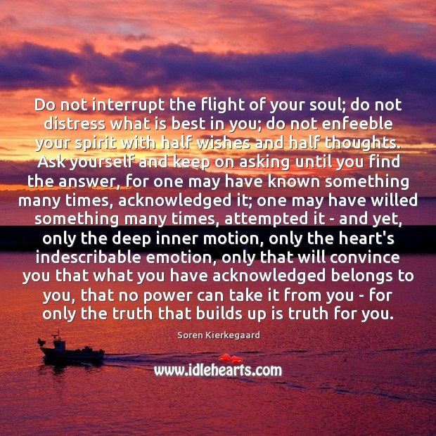Do not interrupt the flight of your soul; do not distress what Soren Kierkegaard Picture Quote