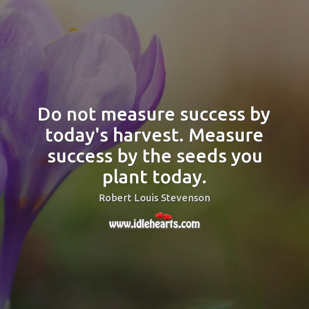 Do not measure success by today’s harvest. Measure success by the seeds you plant today. Robert Louis Stevenson Picture Quote