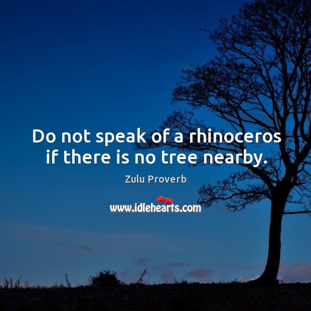 Do not speak of a rhinoceros if there is no tree nearby. Zulu Proverbs Image
