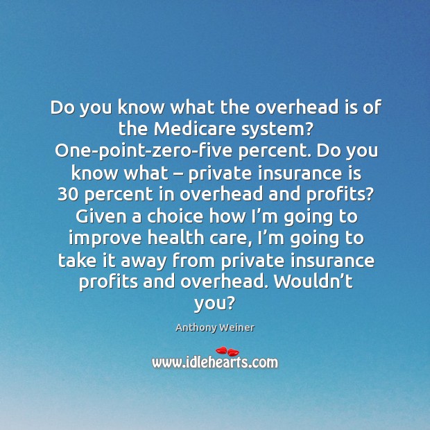 Do you know what the overhead is of the medicare system? one-point-zero-five percent. Anthony Weiner Picture Quote