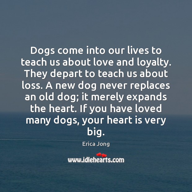Dogs come into our lives to teach us about love and loyalty. Erica Jong Picture Quote