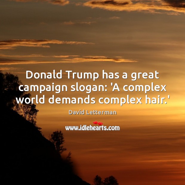 Donald Trump has a great campaign slogan: ‘A complex world demands complex hair.’ David Letterman Picture Quote