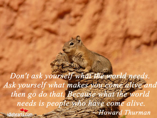 Don’t ask yourself what the world needs. Ask yourself what makes you come alive. Image