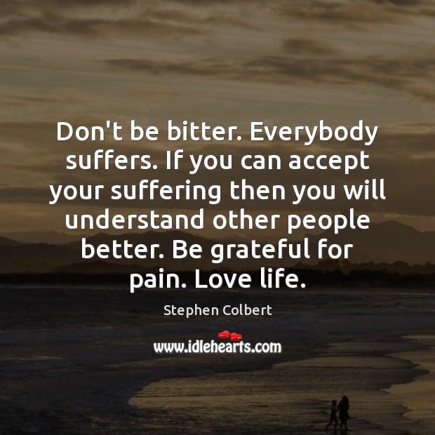 Don’t be bitter. Everybody suffers. If you can accept your suffering then Stephen Colbert Picture Quote