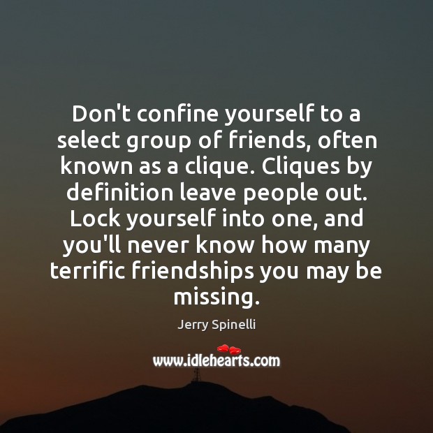 Don’t confine yourself to a select group of friends, often known as Jerry Spinelli Picture Quote