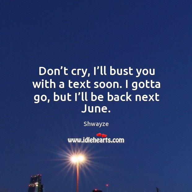 Don’t cry, I’ll bust you with a text soon. I gotta go, but I’ll be back next june. Shwayze Picture Quote