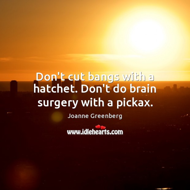 Don’t cut bangs with a hatchet. Don’t do brain surgery with a pickax. Joanne Greenberg Picture Quote