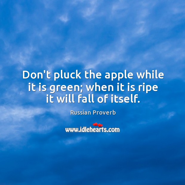 Don’t pluck the apple while it is green; when it is ripe it will fall of itself. Russian Proverbs Image