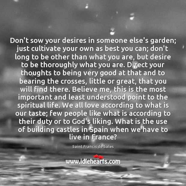 Don’t sow your desires in someone else’s garden; just cultivate your own Saint Francis de Sales Picture Quote