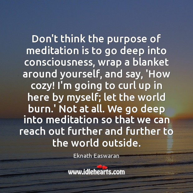 Don’t think the purpose of meditation is to go deep into consciousness, Eknath Easwaran Picture Quote