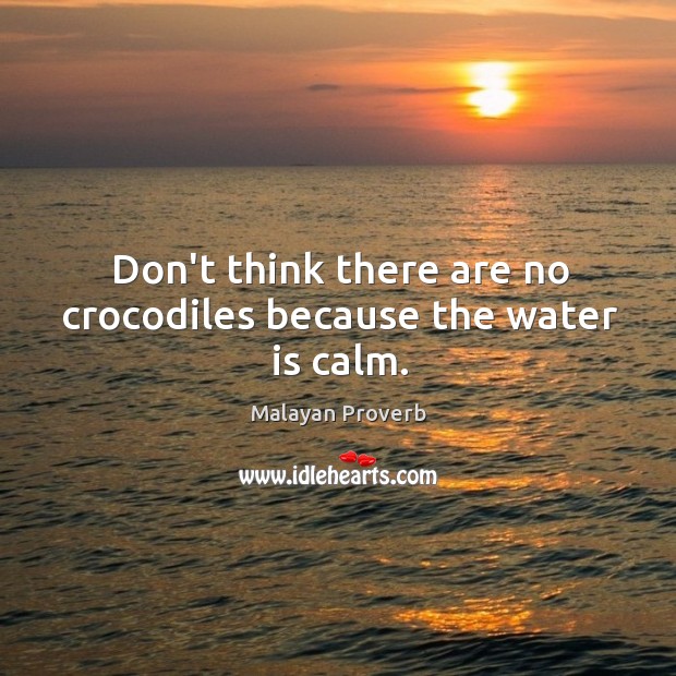 Don’t think there are no crocodiles because the water is calm. Malayan Proverbs Image