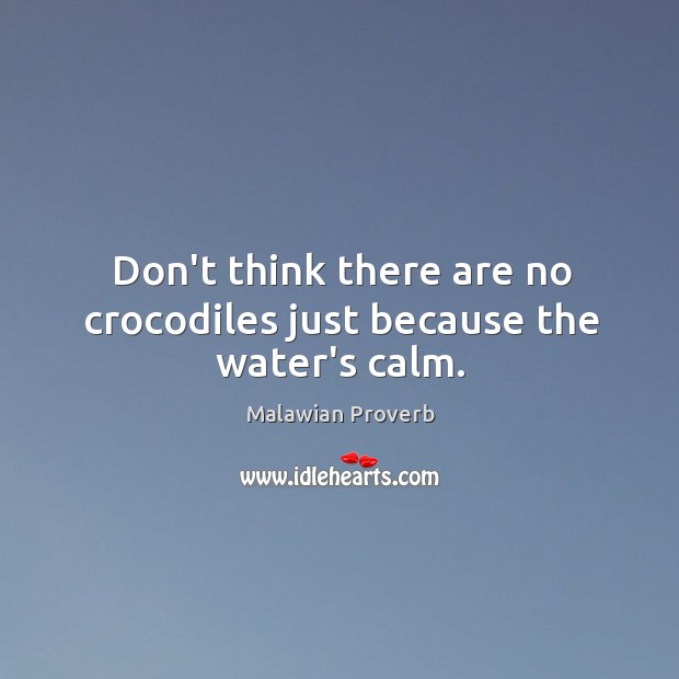 Don’t think there are no crocodiles just because the water’s calm. Malawian Proverbs Image