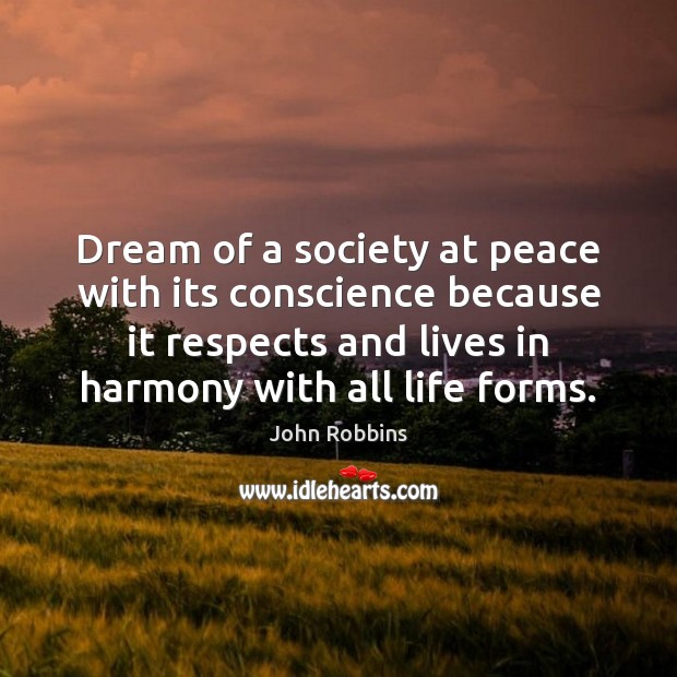 Dream of a society at peace with its conscience because it respects John Robbins Picture Quote
