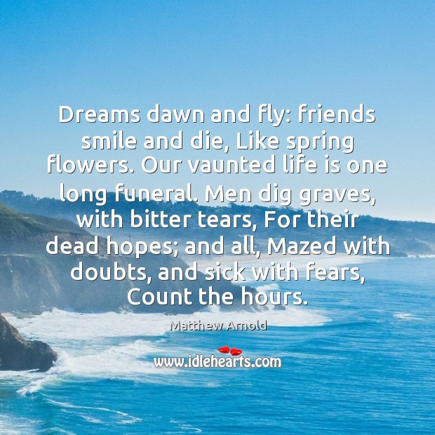 Dreams dawn and fly: friends smile and die, Like spring flowers. Our 