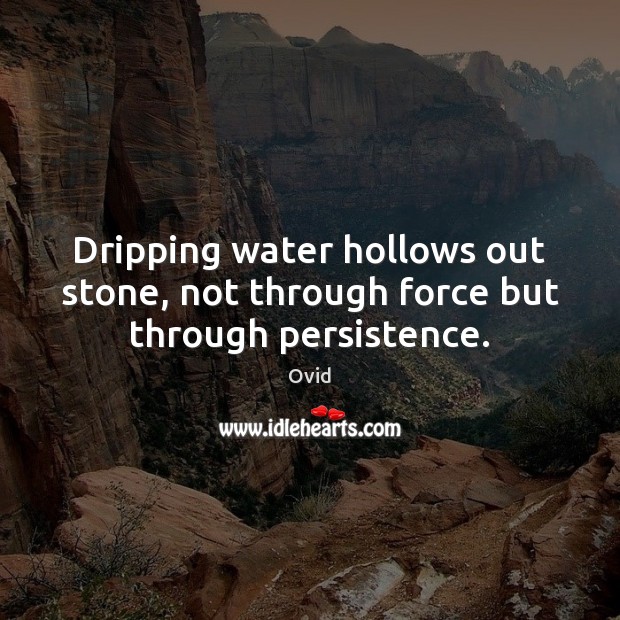 Dripping water hollows out stone, not through force but through persistence. Ovid Picture Quote