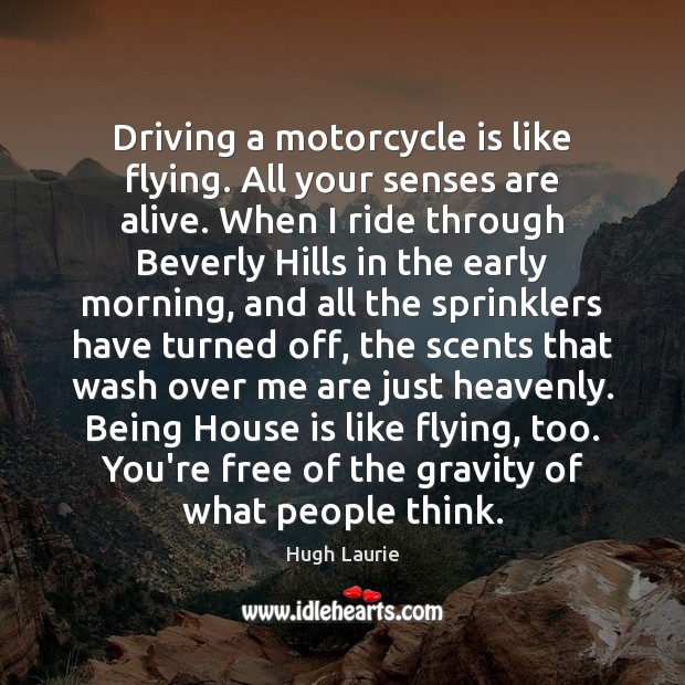 Driving a motorcycle is like flying. All your senses are alive. When Hugh Laurie Picture Quote