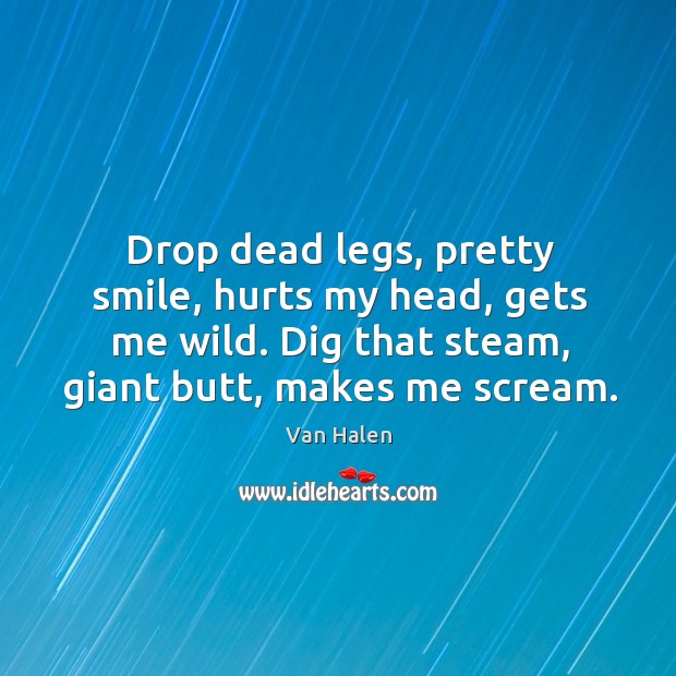 Drop dead legs, pretty smile, hurts my head, gets me wild. Dig that steam, giant butt, makes me scream. Image