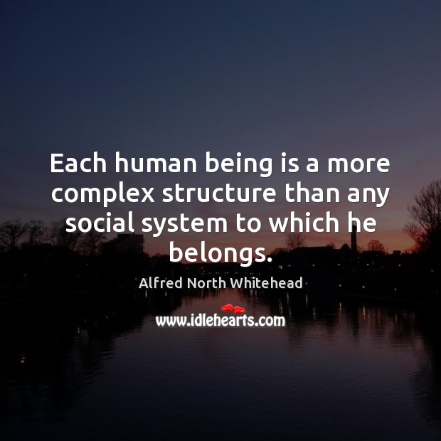 Each human being is a more complex structure than any social system to which he belongs. Alfred North Whitehead Picture Quote