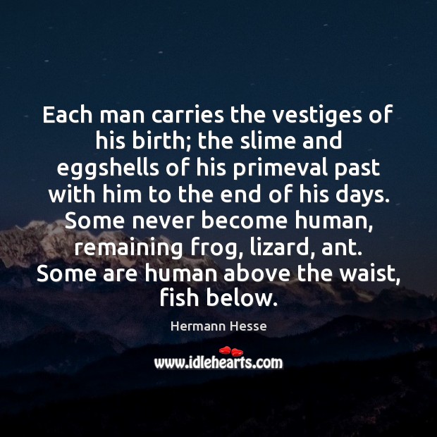 Each man carries the vestiges of his birth; the slime and eggshells Hermann Hesse Picture Quote