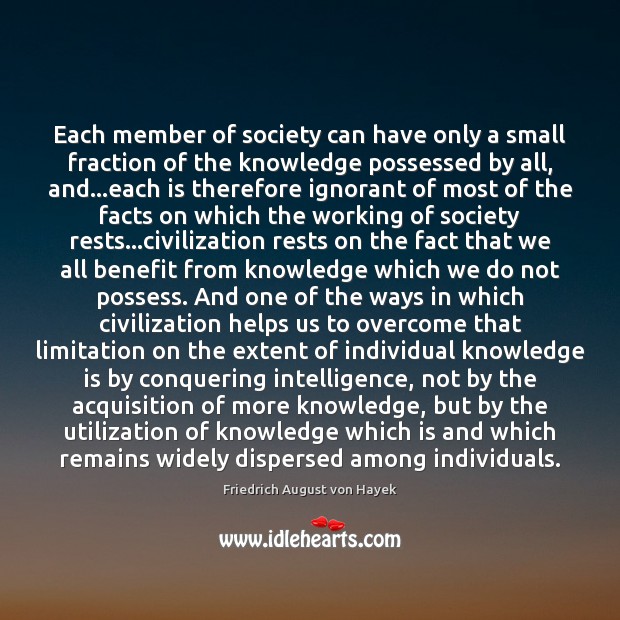 Each member of society can have only a small fraction of the Friedrich August von Hayek Picture Quote