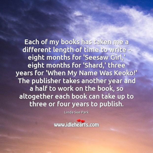 Each of my books has taken me a different length of time Linda Sue Park Picture Quote