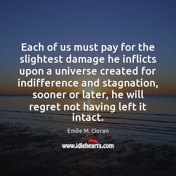 Each of us must pay for the slightest damage he inflicts upon Emile M. Cioran Picture Quote