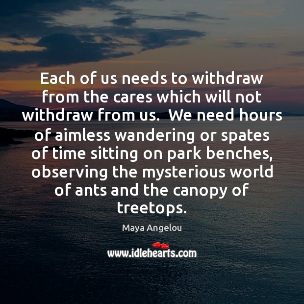 Each of us needs to withdraw from the cares which will not Maya Angelou Picture Quote