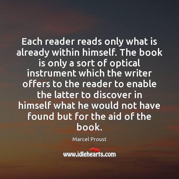 Each reader reads only what is already within himself. The book is Marcel Proust Picture Quote