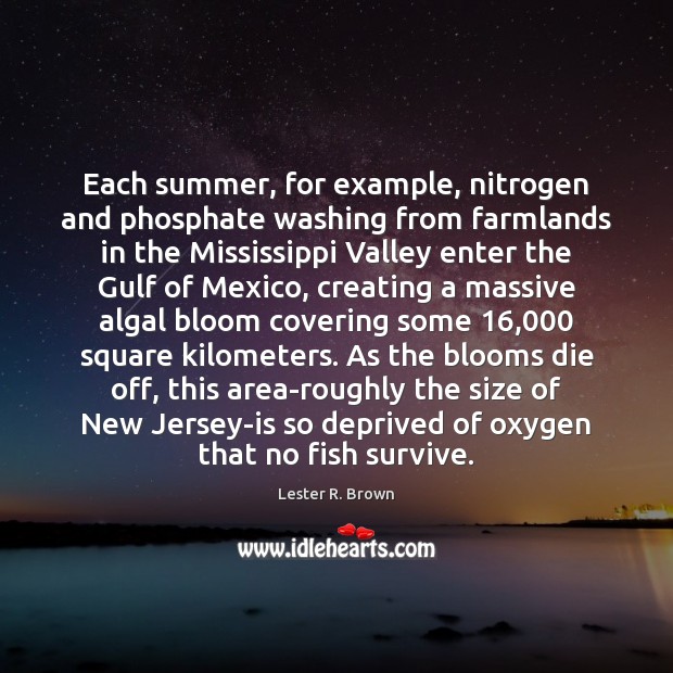 Each summer, for example, nitrogen and phosphate washing from farmlands in the Lester R. Brown Picture Quote