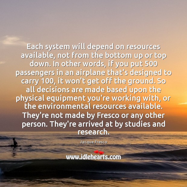 Each system will depend on resources available, not from the bottom up Jacque Fresco Picture Quote