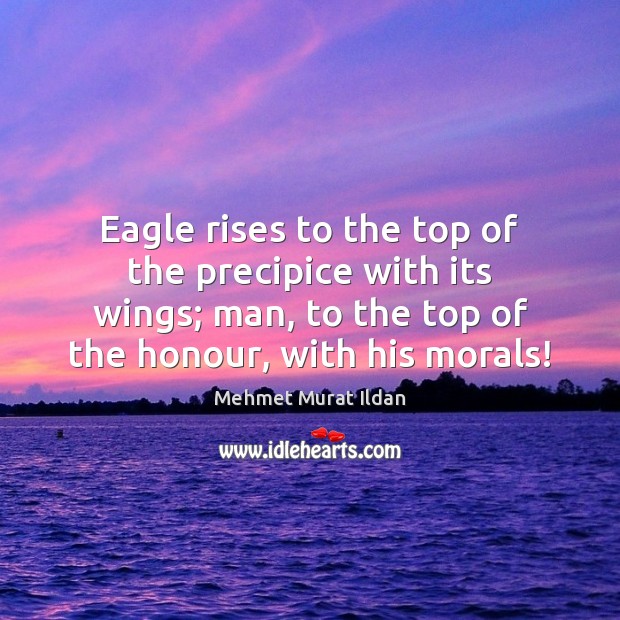 Eagle rises to the top of the precipice with its wings; man, Image