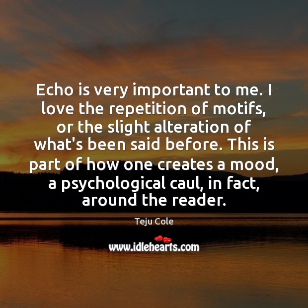 Echo is very important to me. I love the repetition of motifs, Teju Cole Picture Quote