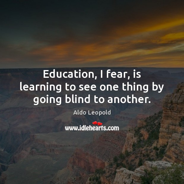 Education, I fear, is learning to see one thing by going blind to another. Aldo Leopold Picture Quote
