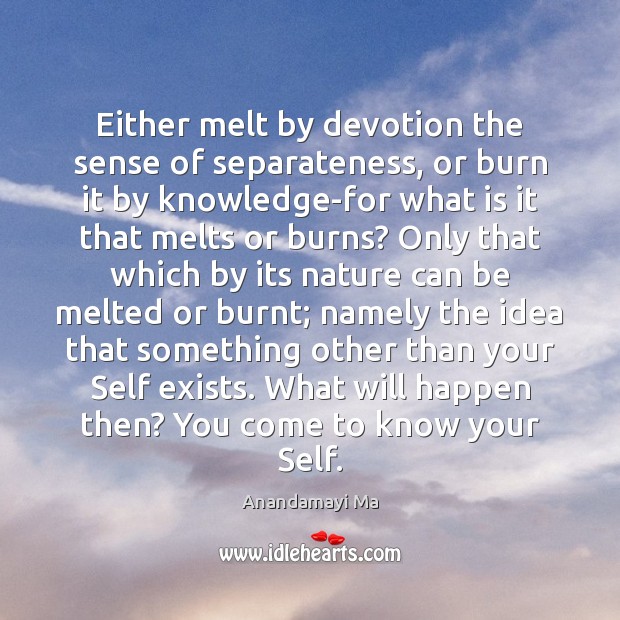 Either melt by devotion the sense of separateness, or burn it by Anandamayi Ma Picture Quote