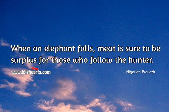 When an elephant falls, meat is sure to be surplus for those who follow the hunter. Nigerian Proverbs Image