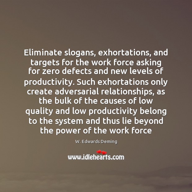 Eliminate slogans, exhortations, and targets for the work force asking for zero W. Edwards Deming Picture Quote