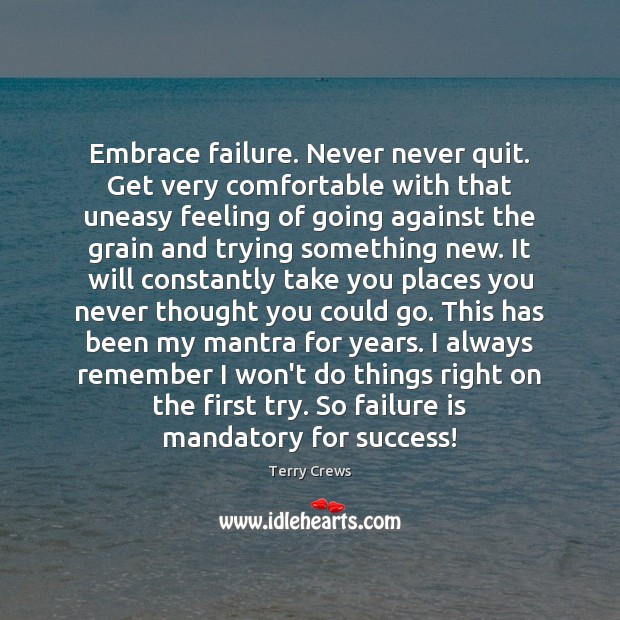 Embrace failure. Never never quit. Get very comfortable with that uneasy feeling Terry Crews Picture Quote