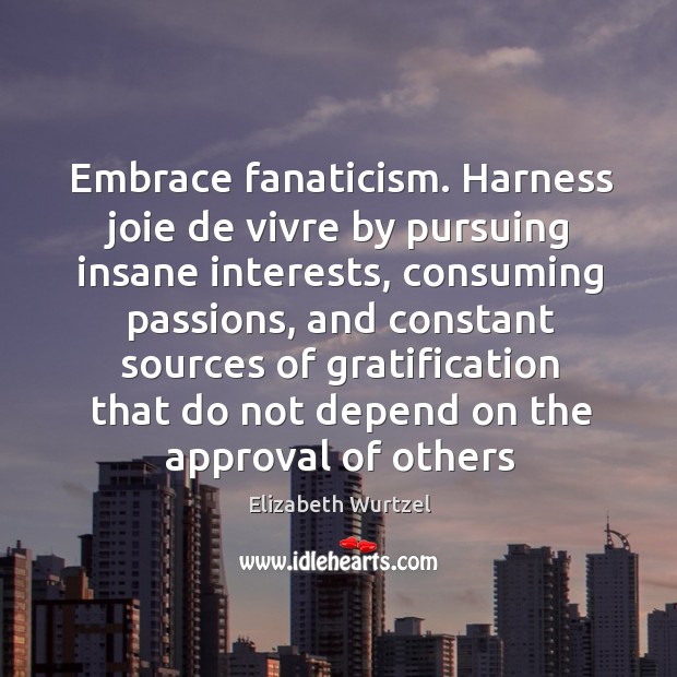 Embrace fanaticism. Harness joie de vivre by pursuing insane interests, consuming passions, Elizabeth Wurtzel Picture Quote