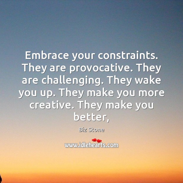 Embrace your constraints. They are provocative. They are challenging. They wake you Biz Stone Picture Quote