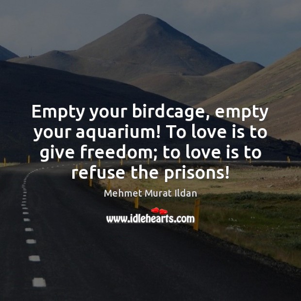 Empty your birdcage, empty your aquarium! To love is to give freedom; Mehmet Murat Ildan Picture Quote