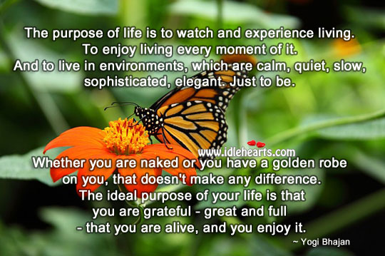 The purpose of life is to enjoy living every moment of it. Yogi Bhajan Picture Quote