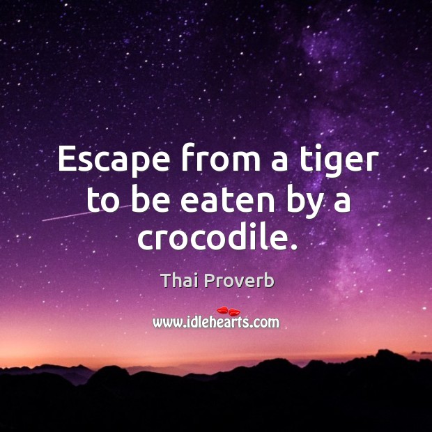 Escape from a tiger to be eaten by a crocodile. Thai Proverbs Image