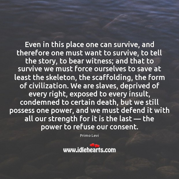 Even in this place one can survive, and therefore one must want Primo Levi Picture Quote