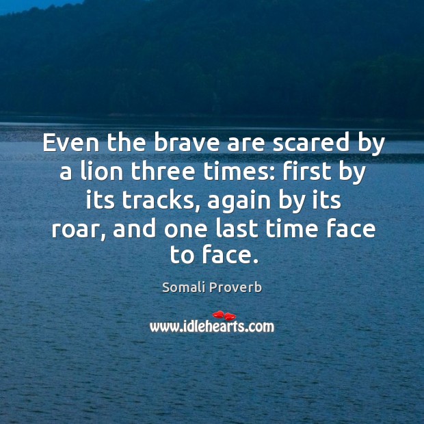 Even the brave are scared by a lion three times: Somali Proverbs Image
