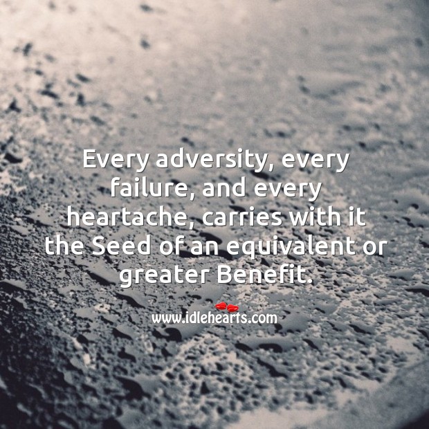 Every adversity, every failure, and every heartache, carries with it the seed of an equivalent or greater benefit. Failure Quotes Image