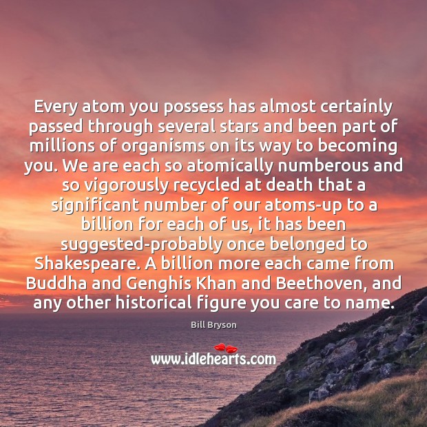 Every atom you possess has almost certainly passed through several stars and Bill Bryson Picture Quote