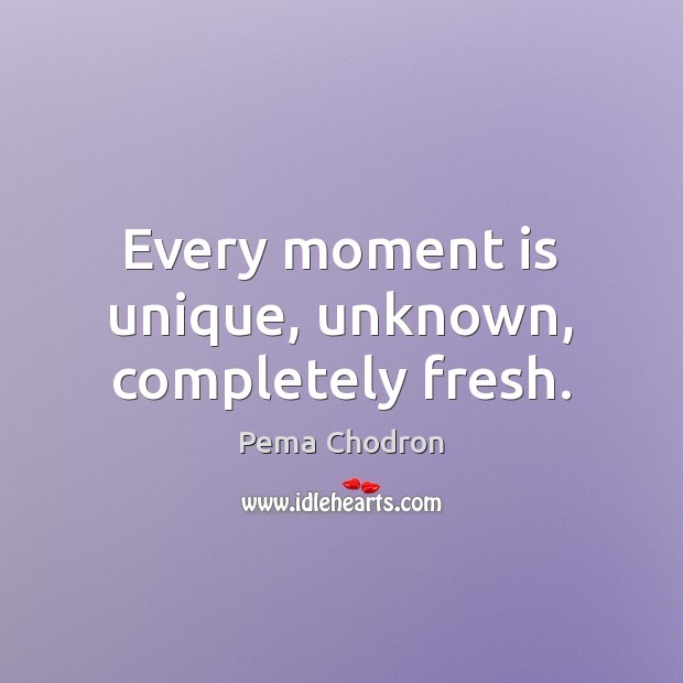 Every moment is unique, unknown, completely fresh. Pema Chodron Picture Quote