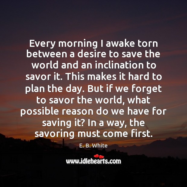 Every morning I awake torn between a desire to save the world E. B. White Picture Quote